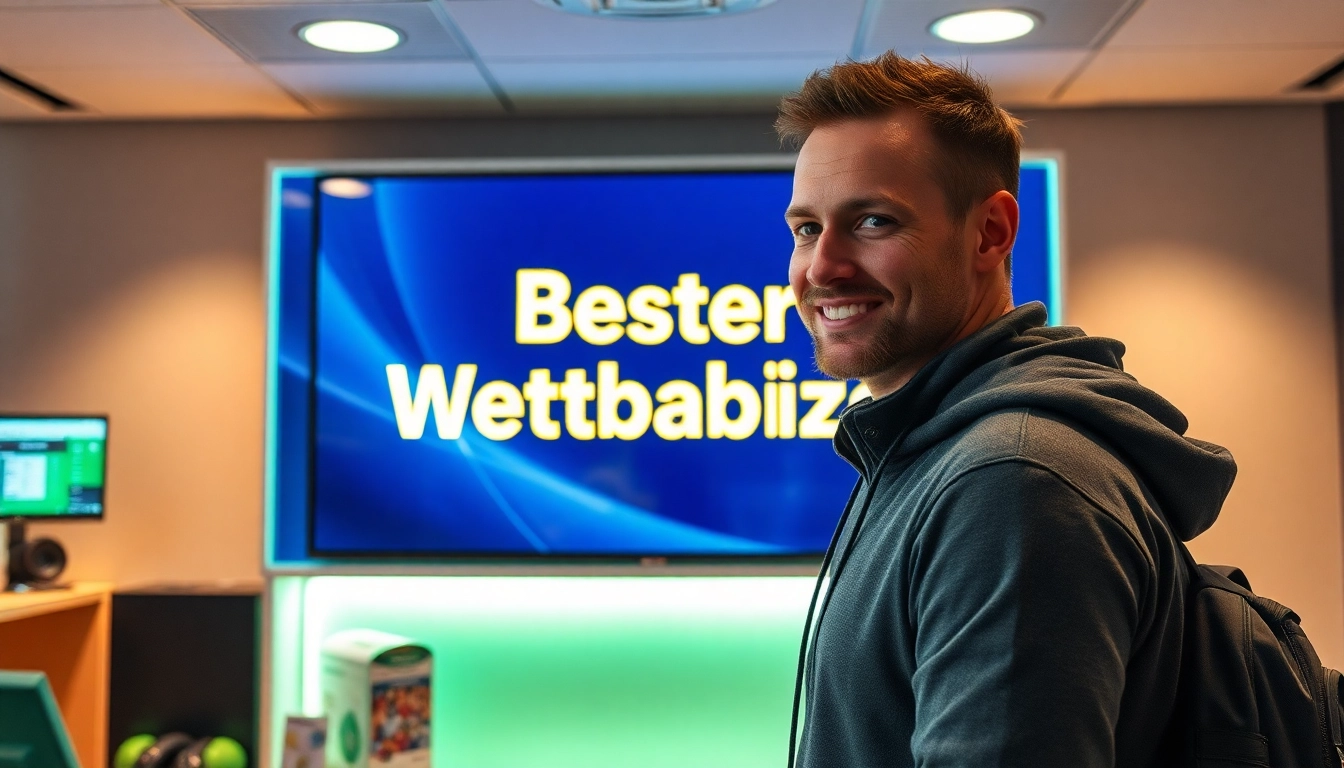 Bester Wettanbieter in einem modernen Wettbüro mit einem Bildschirm, auf dem Wettquoten angezeigt werden.