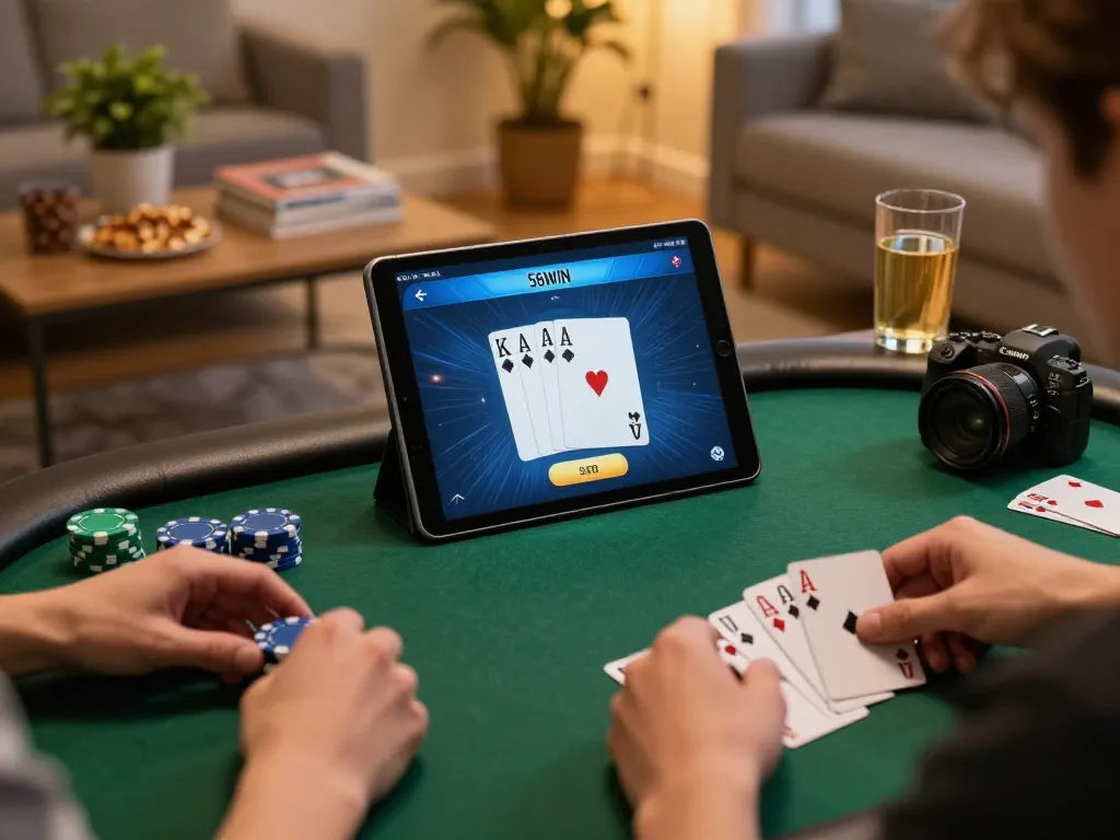 Experience engaging moments on the 56WIN app with strategic poker gameplay in a cozy home.