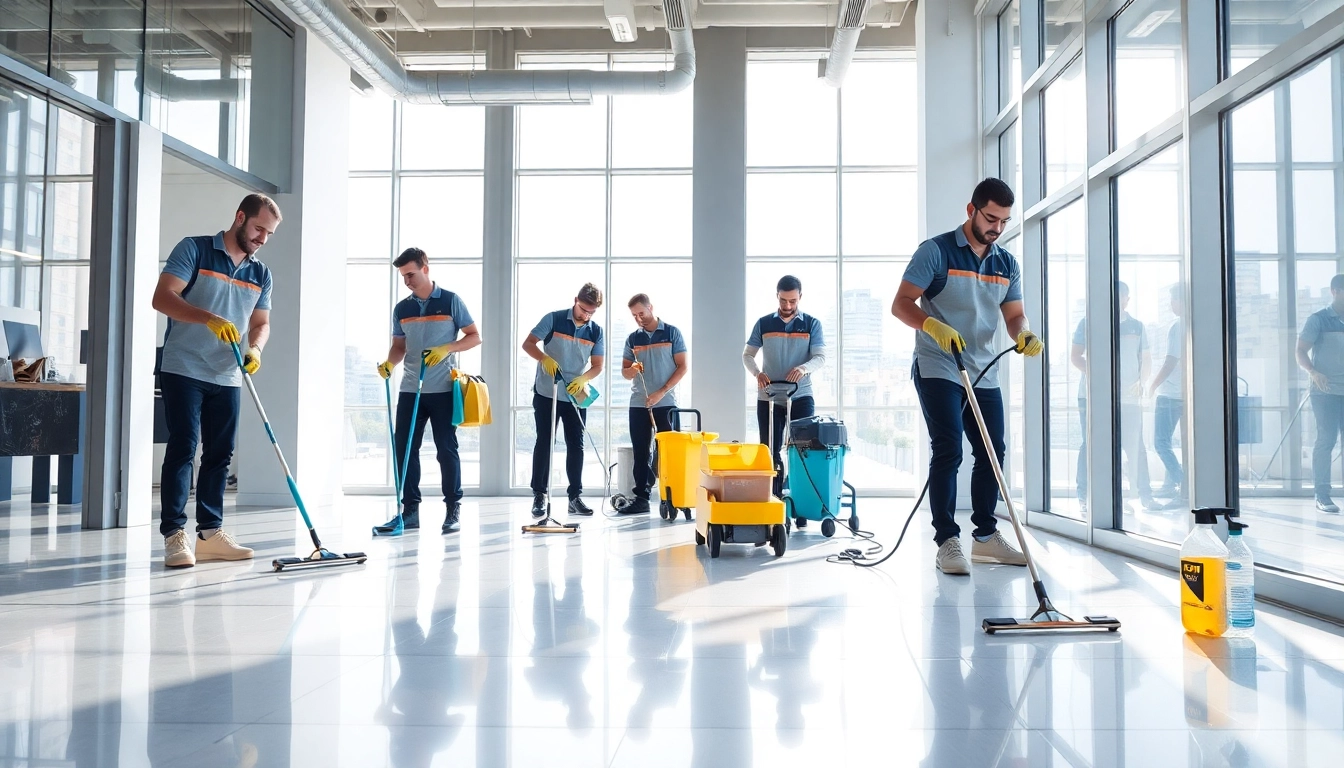 Efficient Gebäudereinigung Ulm durch professionelles Team in modernem Büro.