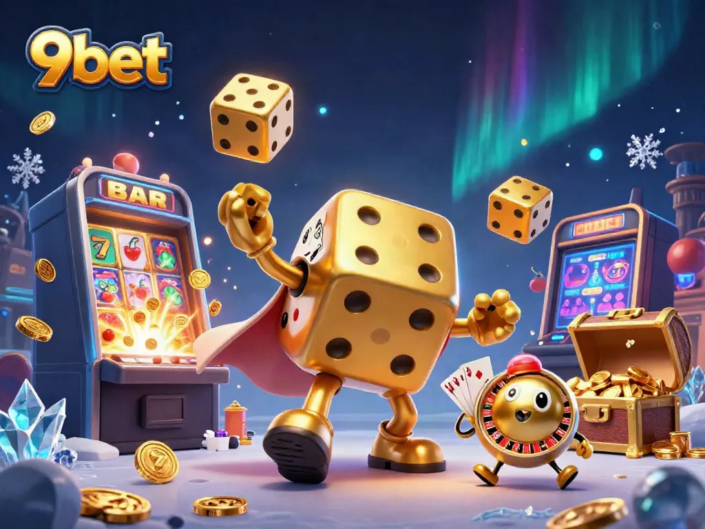 Engage with thrilling 9bet gaming action as golden dice characters animate a vibrant casino experience.