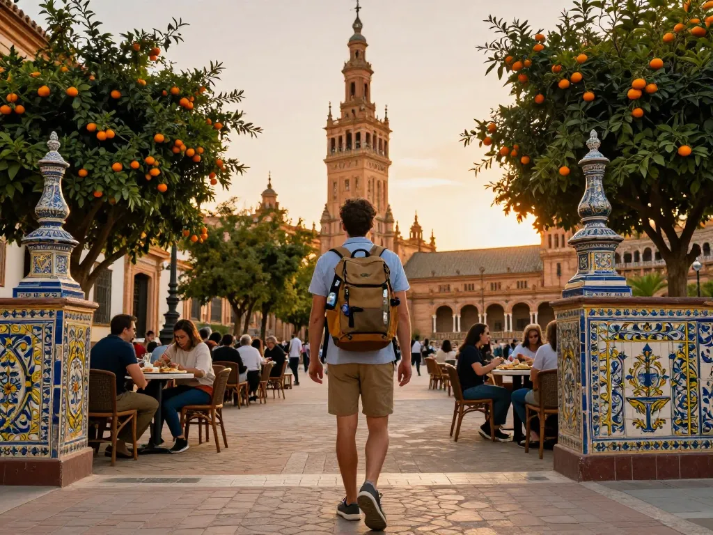 Reisetipps Sevilla - Die lebhaften Straßen von Sevilla erkunden mit kultureller Architektur und Einheimischen, die Tapas genießen.