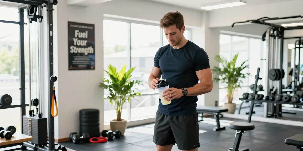 Preparing protein shake in dynamic gym setting while Proteinpulver kaufen enhances workout performance.