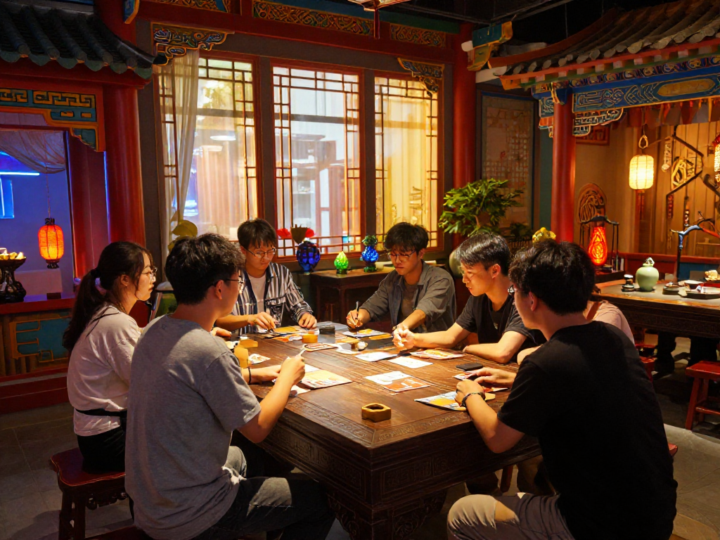 Players engaging in an immersive rokok88 adventure within The Orient Play, exploring a mysterious room filled with Eastern architecture.