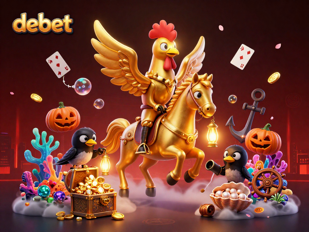 Experience thrilling debet action with a golden rooster in a midnight casino, amidst glowing treasures and lively companions.