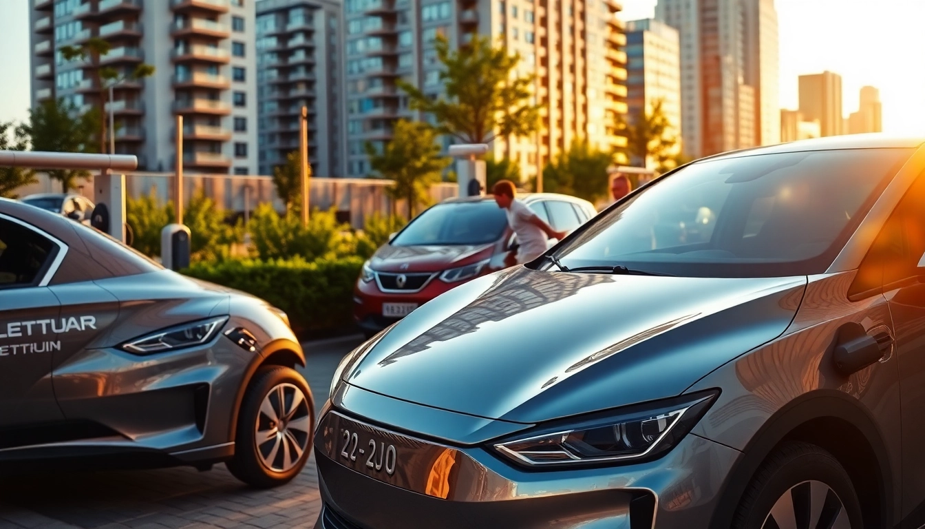 Elektroautos glänzend unter dem Sonnenuntergang in einer urbanen Umgebung präsentiert.