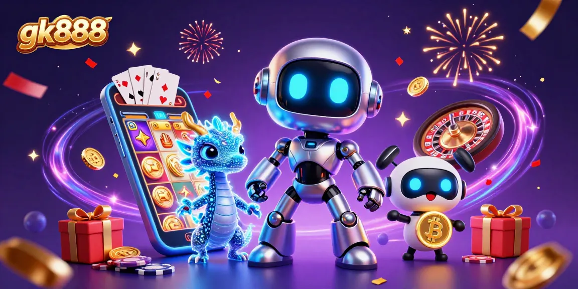 Experience exciting gameplay at gk888 with a cyberpunk robot and holographic dragon.