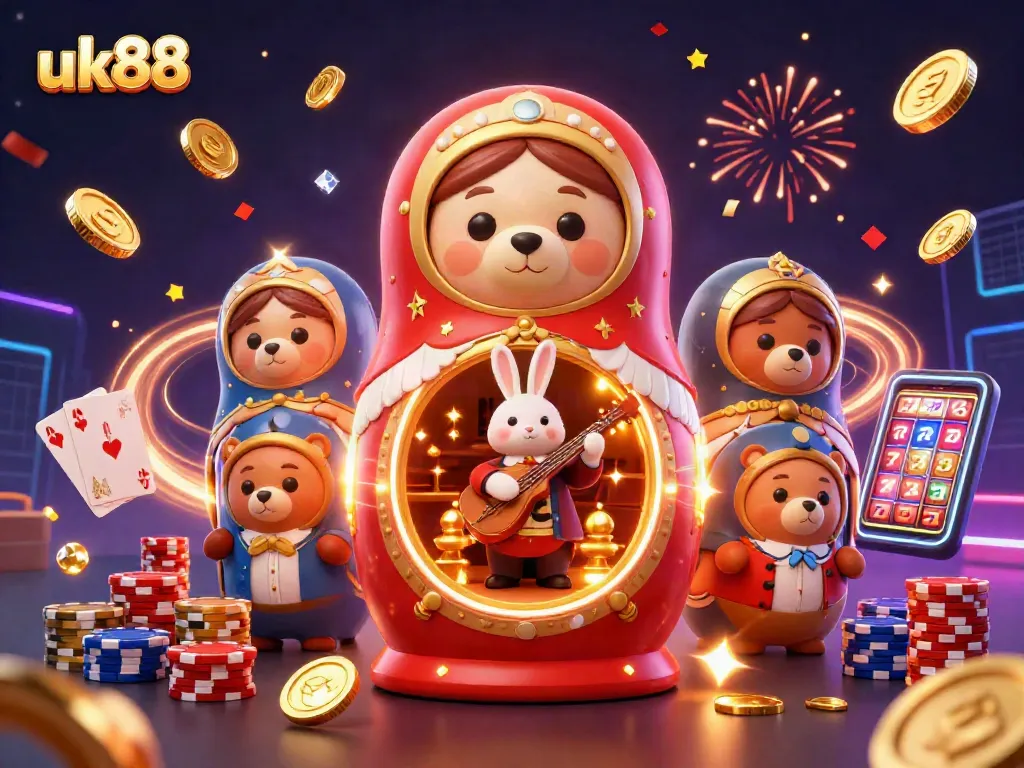 Engage with uk88's vibrant gaming scene featuring 3D animated characters and dynamic casino elements.