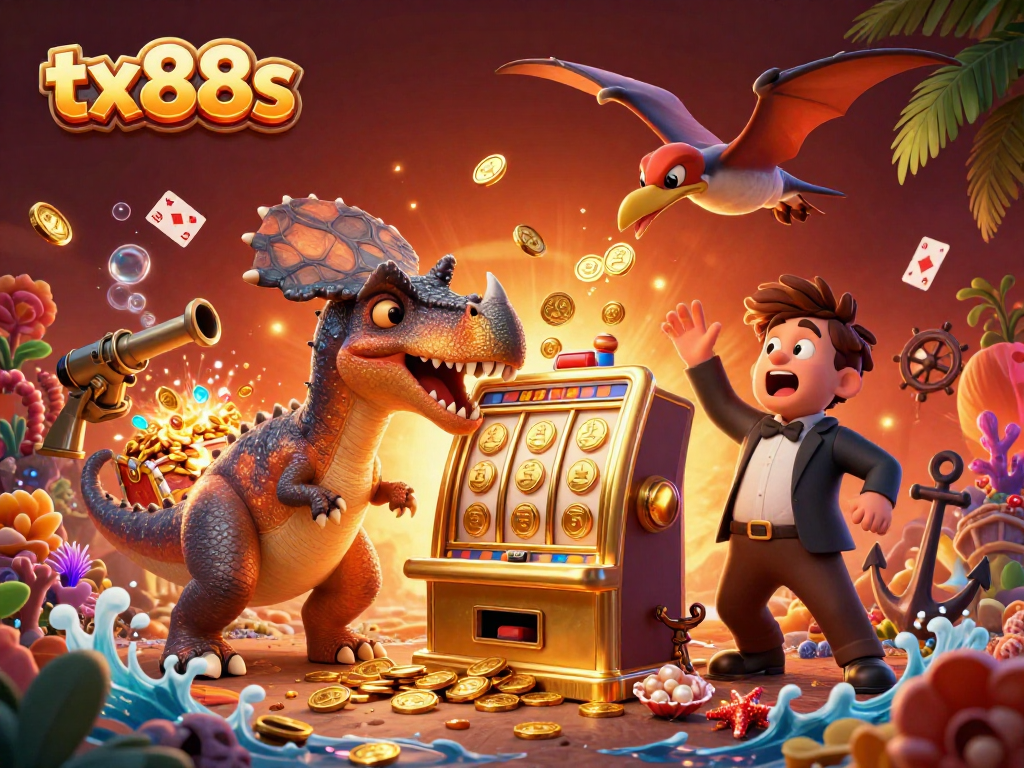 Experience the excitement of tx88s as a pachycephalosaurus wins jackpots and flying coins in a vibrant casino setting.