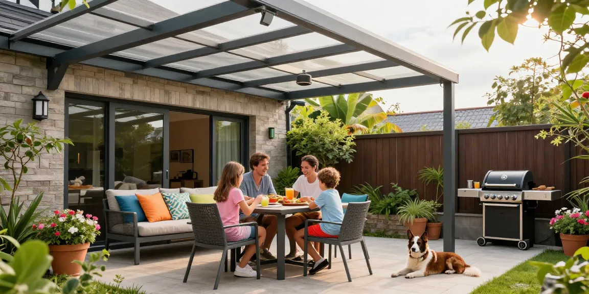 Terrassenüberdachungen im Familiengarten mit gemütlichem Esstisch und Sonnenschein