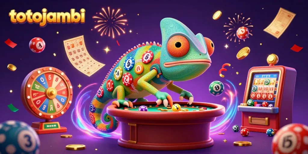 Exciting scene of the chameleon casino owner celebrating big wins at totojambi with bouncing lottery balls and confetti.
