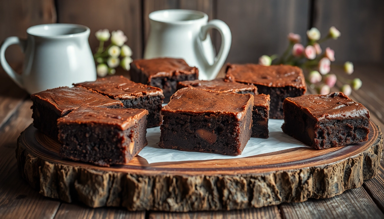 Daga brownies frisch gebacken auf einem Holzbrett, mit glänzender Schokoladenglasur und rustikaler Präsentation.