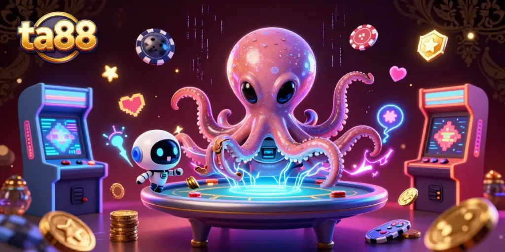 Engage in thrilling games at ta88, featuring an alien octopus handling a poker table, enhanced by dynamic gaming elements and neon lights.