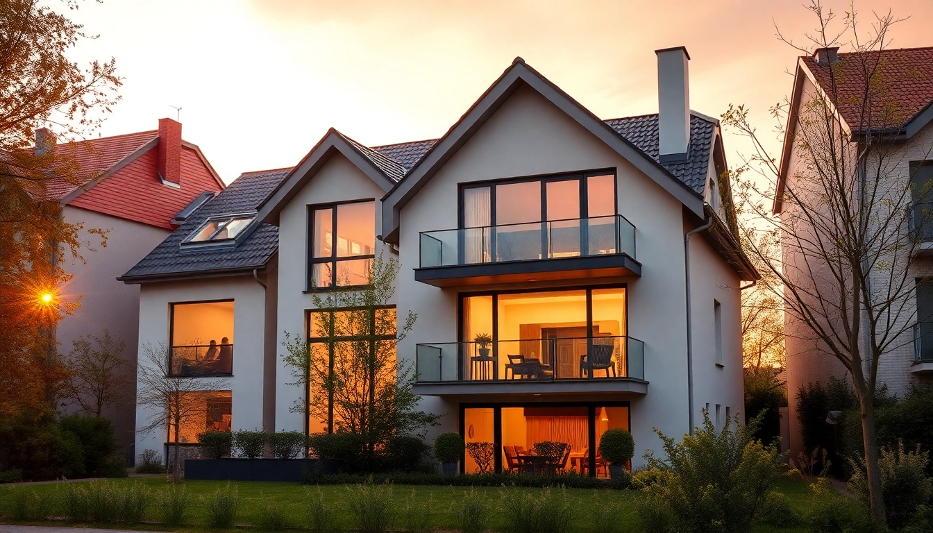 Einladendes modernes Einfamilienhaus symbolisiert den Hauskauf, umgeben von einem gepflegten Garten.
