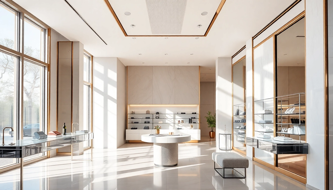 Experience luxury through a beautifully curated display of high-end fashion items in a modern boutique setting.