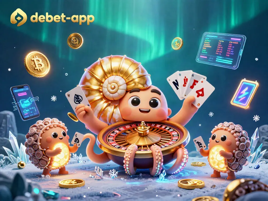 Experience thrilling gaming with debet-app, featuring a giant roulette nautilus and glowing crypto elements.