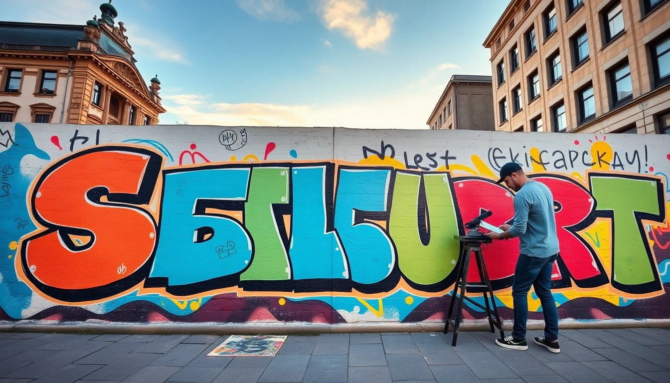 Graffiti Stuttgart zeigt farbenfrohe Wandkunst mit einem Graffitikünstler in Aktion.