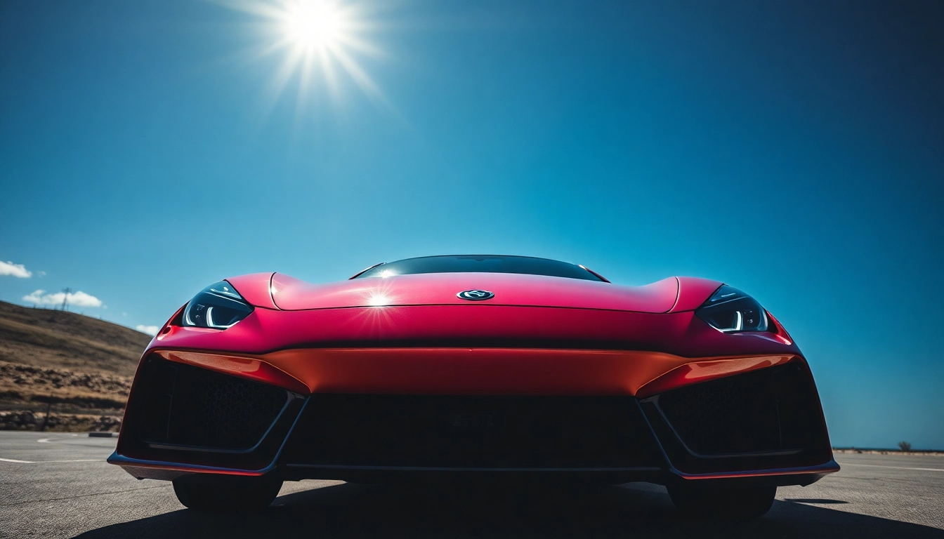 Wie teuer ist auto folieren: Foliertes Auto unter Sonnenlicht zeigt glänzenden, kreativen Look inmitten von urbaner Umgebung.