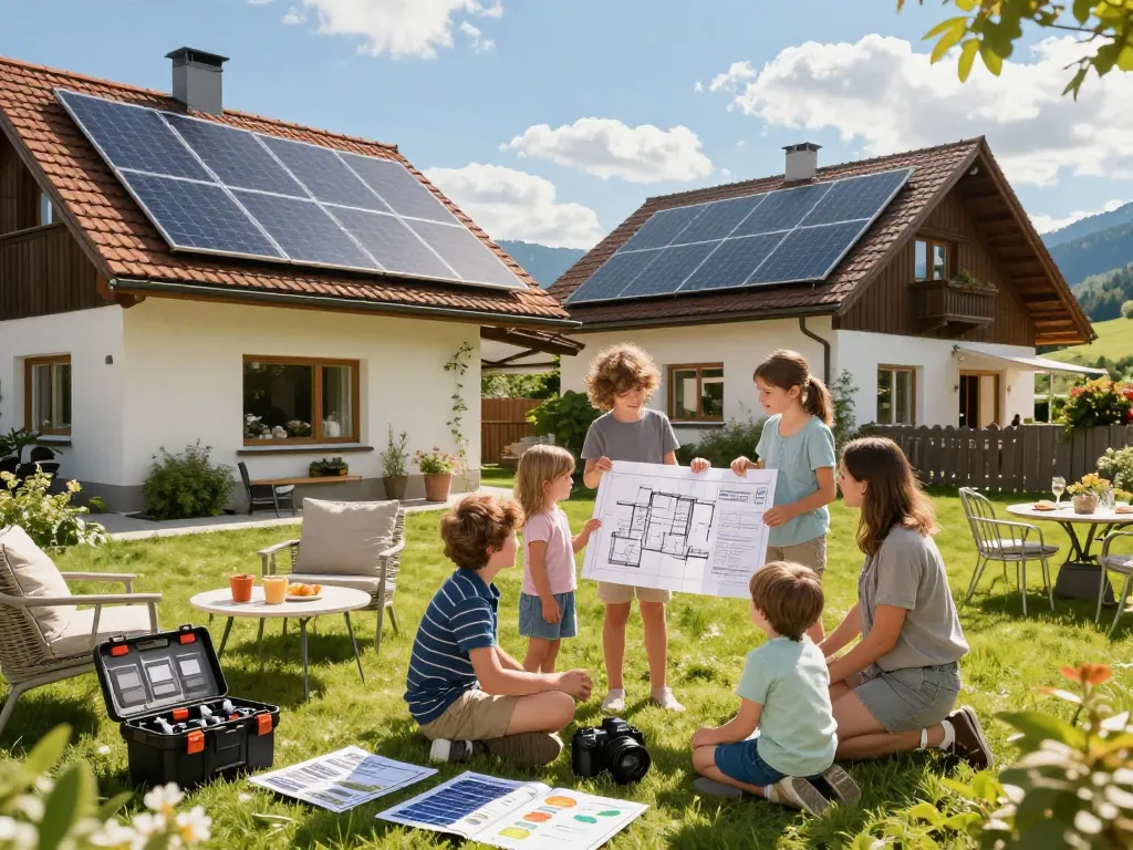 Photovoltaik Bayern: Familie diskutiert die Installation von Solarpanels im sonnigen bayerischen Garten.