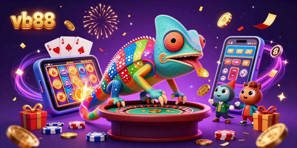 Enjoy gaming with vb88 as the vibrant chameleon casino owner engages players with thrilling slot games.