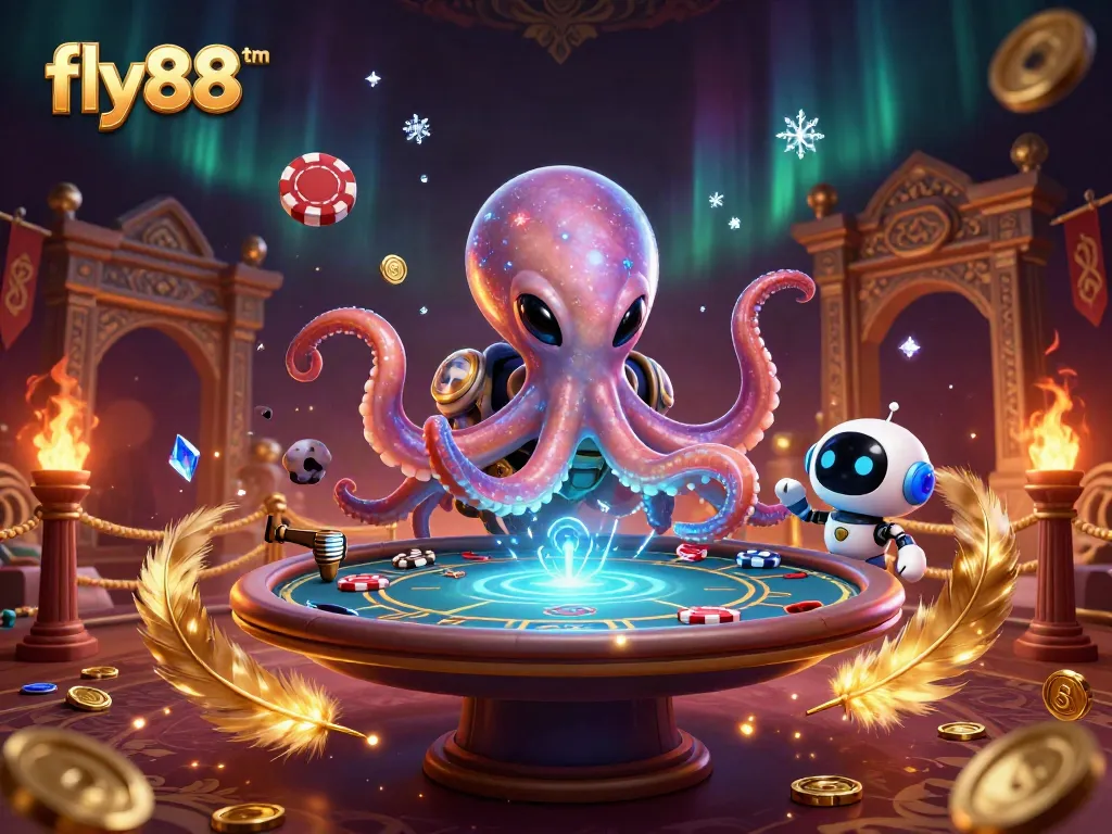 Gamers can experience the excitement of fly88tm with a cosmic octopus at a poker table.