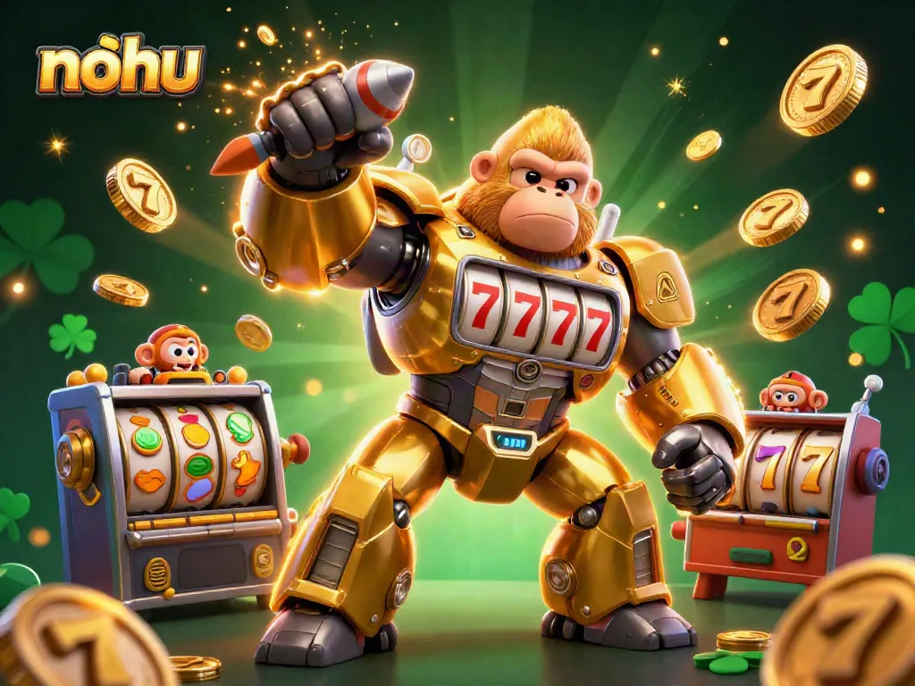 Nohu's golden transformer mech hitting the jackpot with vibrant slot symbols and coins bursting around.
