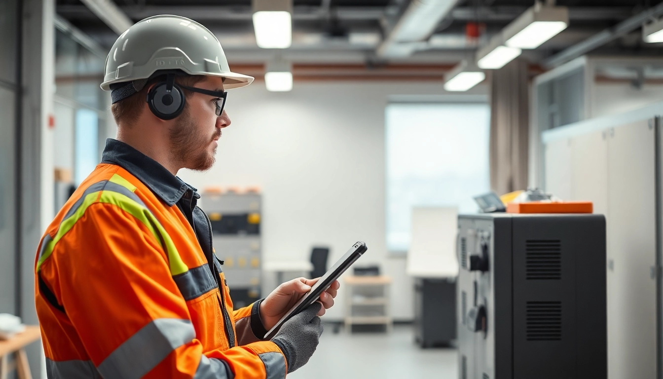 Professioneller Elektriker führt eine DGUV V3 Prüfung an elektrischen Geräten in einem modernen Büro durch.