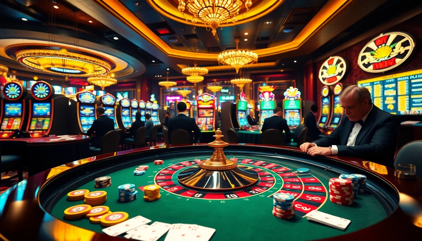 Exciting casino atmosphere at https://rr88.uk.net/ with roulette table, poker chips, and vibrant slot machines.