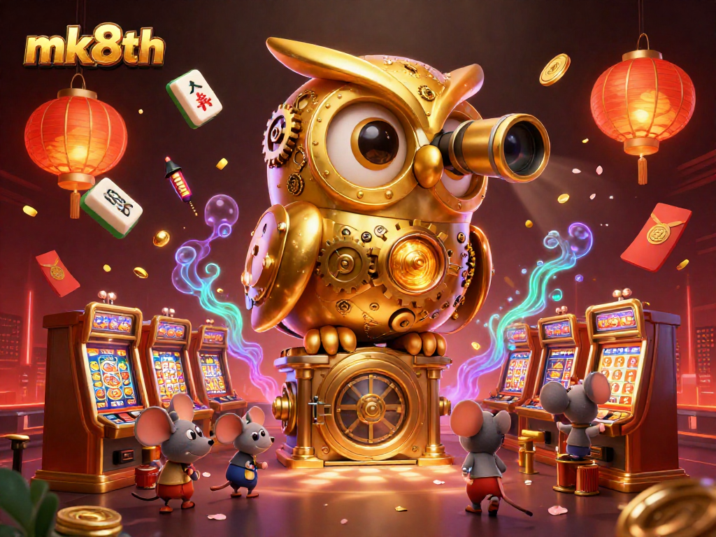 Experience the thrill of mk8th casino gaming with a dynamic scene of a clockwork owl and whimsical characters.