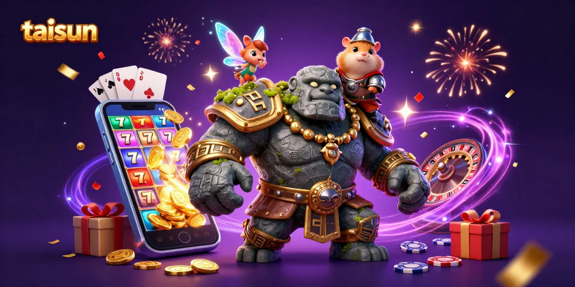Play thrilling slot games with taisun as golden coins and cards dynamically scatter around a magical scene.