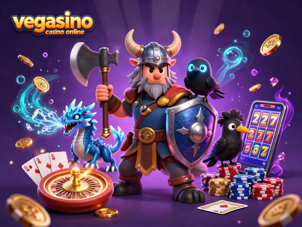 Experience the excitement of vegasino casino online with a vivid 3D illustration of gaming elements.