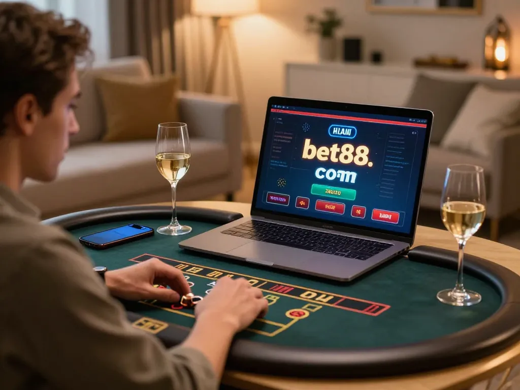 Player engaging in live dealer game on bet88.com, showcasing an elegant online gaming atmosphere.