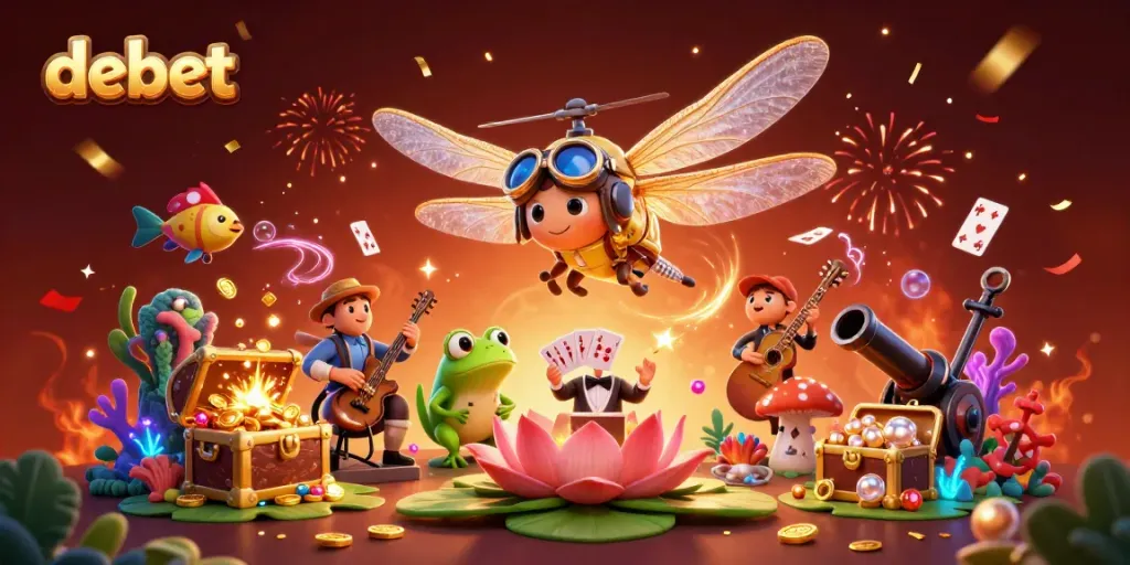 Experience vibrant action and thrills at the debet casino with a lively frog croupier and cartoon characters.