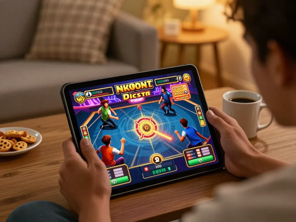 Players enjoying MK8 online gaming on a tablet, showcasing vibrant slot game action and cozy atmosphere
