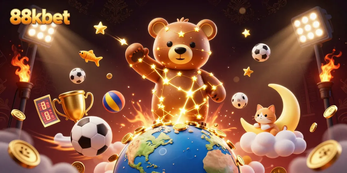 Experience the excitement of 88kbet as golden stars and sports elements blend in a vibrant gaming scene.