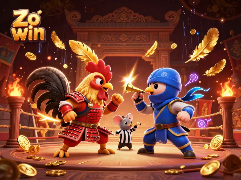 Engage in the thrilling standoff of two roosters in a high-stakes Zo win arena filled with gold coins and vibrant energy.