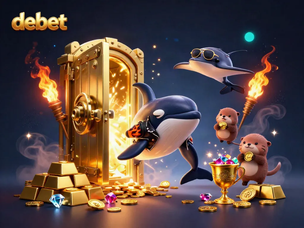 Experience the excitement of debet through a vibrant 3D illustration filled with gold and dynamic characters.
