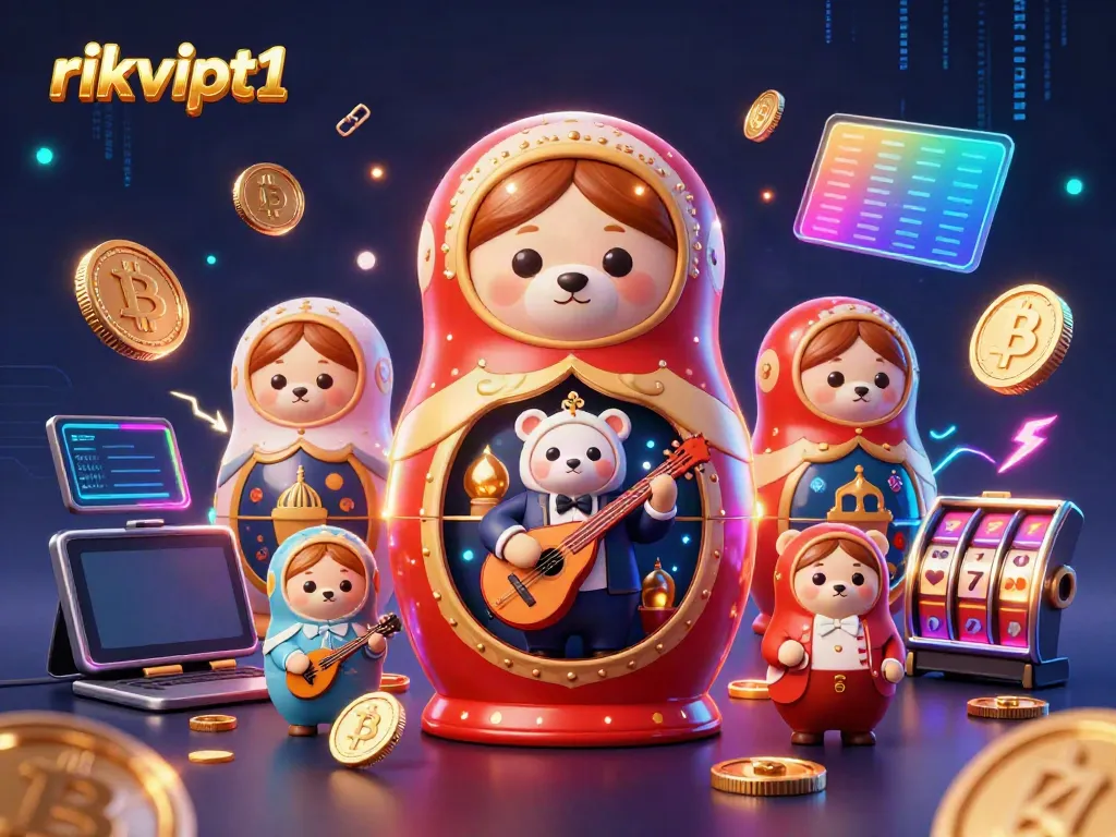 Engage in thrilling gameplay with rikvipt1, showcasing vibrant 3D elements of casino fun and crypto.