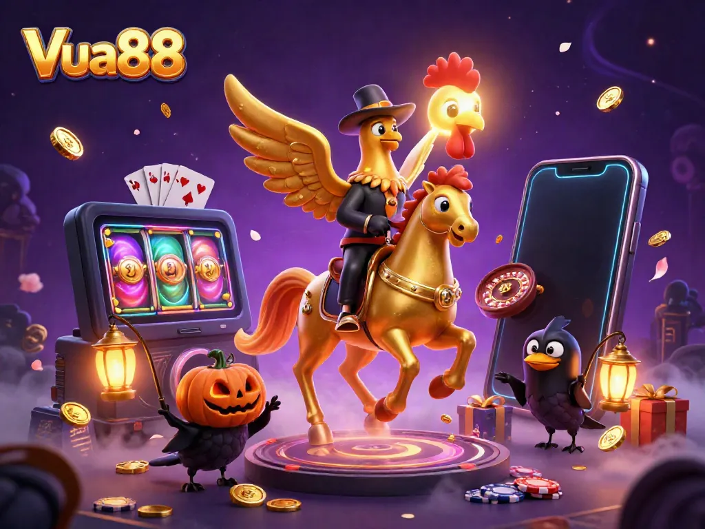 Experience the magic of Vua88's world with a golden rooster and casino adventure.