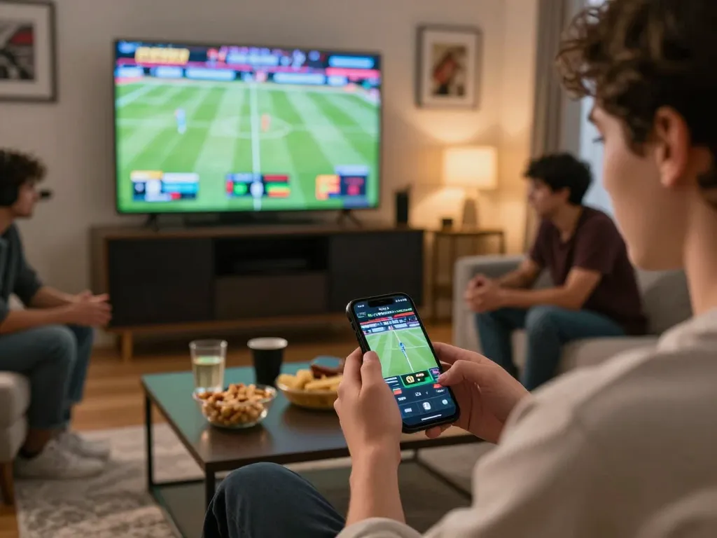 Engaging in sports betting on nn88 using a smartphone in a lively setting.