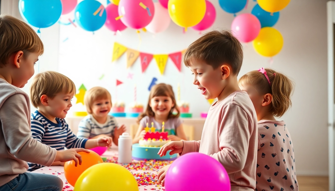 Kindergeburtstag 4 Jahre mit fröhlichen Kindern und bunten Ballons feiern