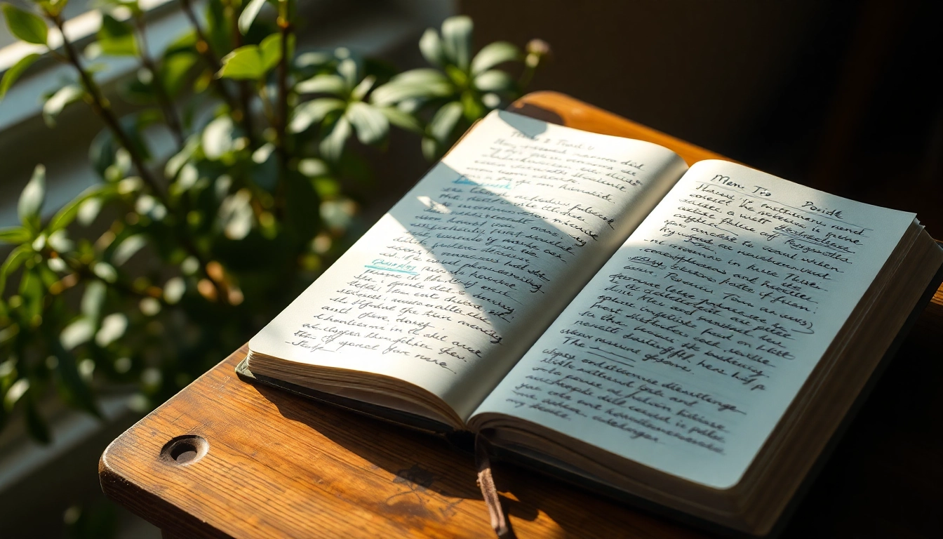 Journal mit bunten Notizen auf einem Tisch, das kreative Ideen und Gedanken festhält.