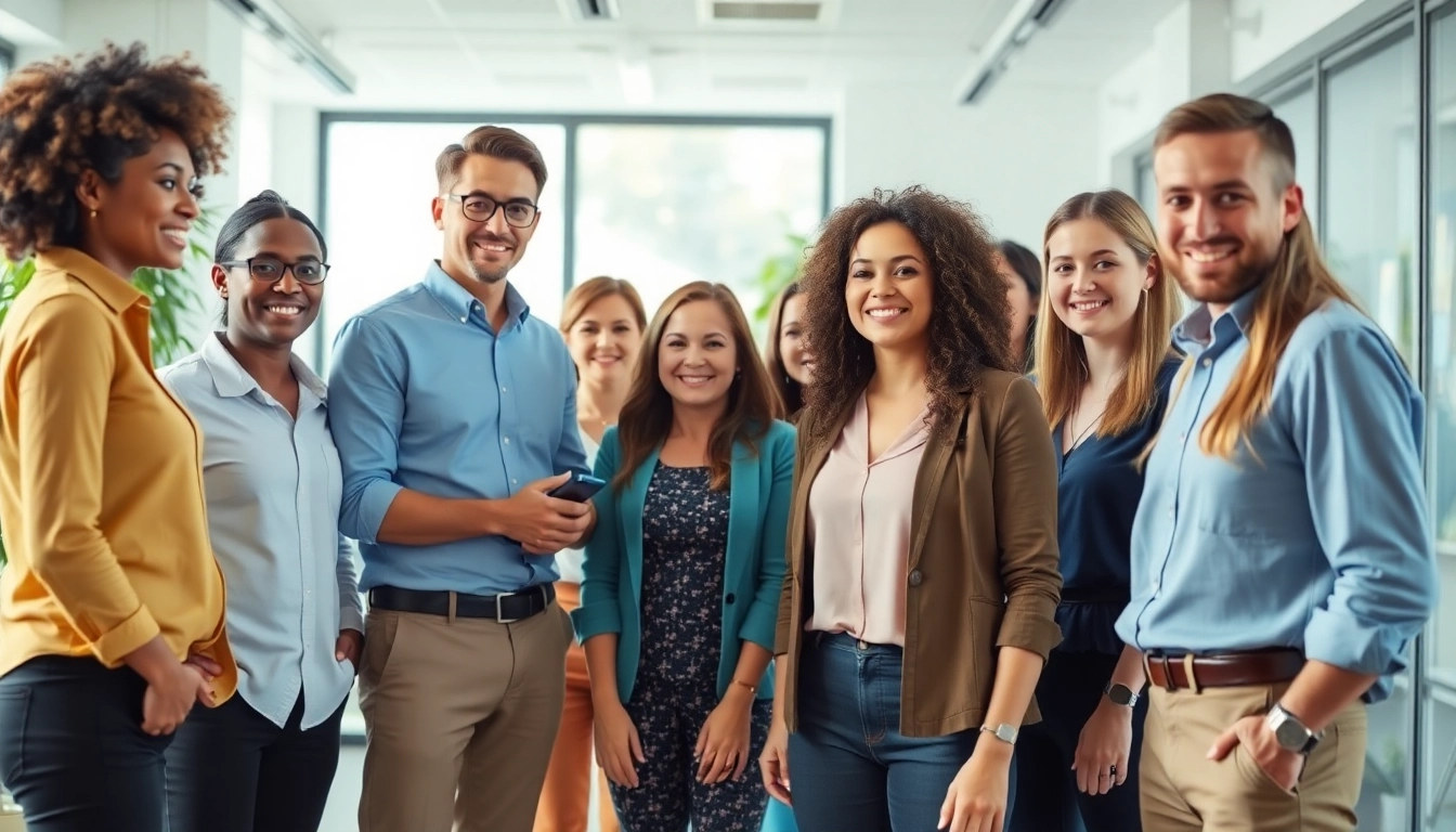 Professionals exploring Stellenangebote in a bright office, highlighting teamwork and diverse talent.