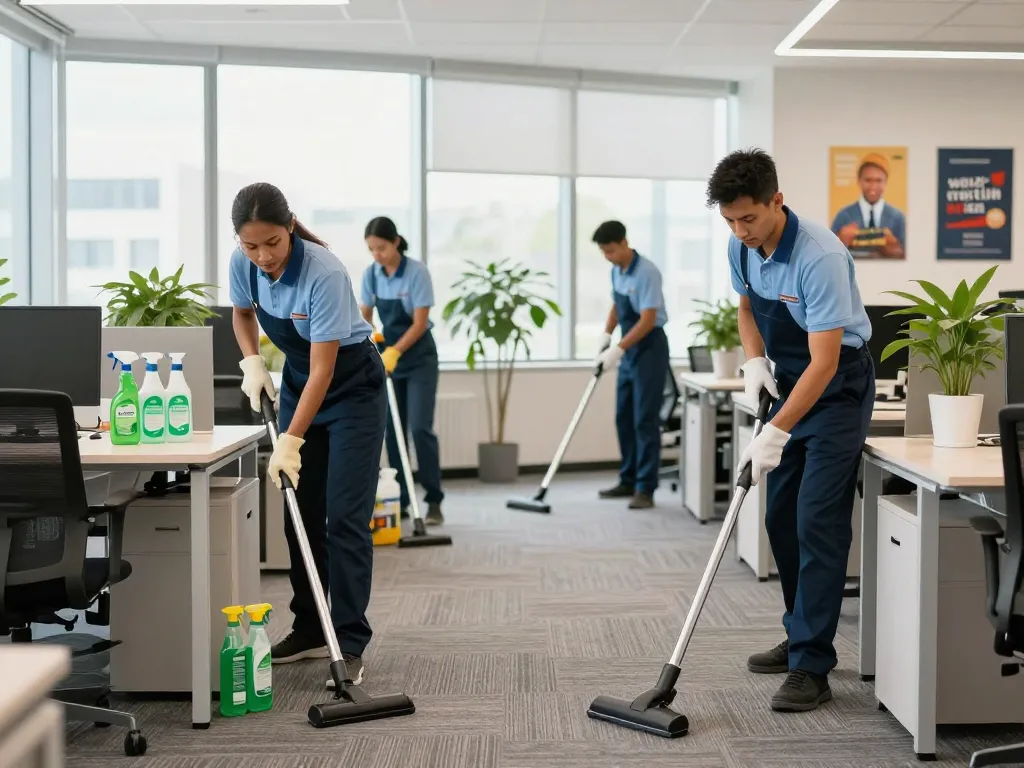 Effiziente Gebäudereinigung – Münster & Umgebung Team reinigt einen Bürobereich mit umweltfreundlichen Produkten.