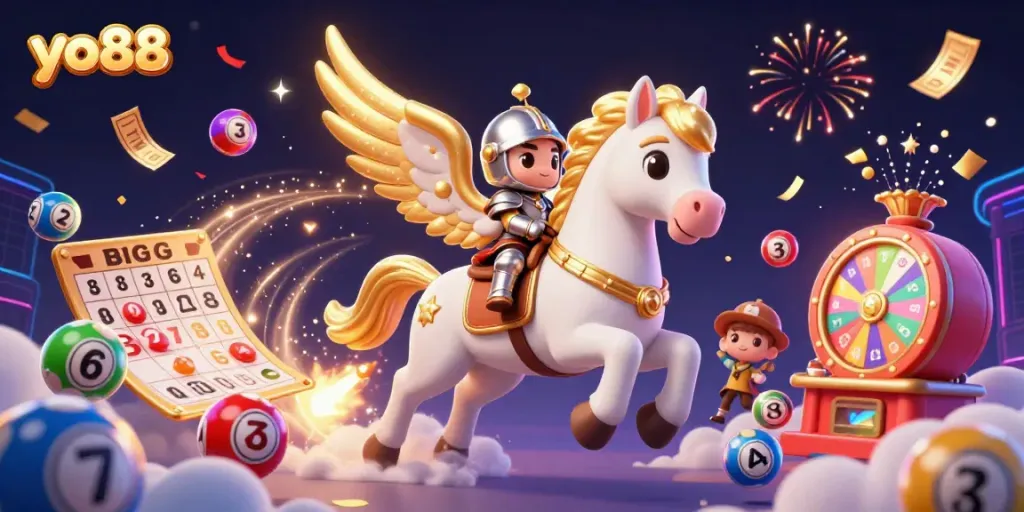 Experience an exciting gaming adventure with yo88 as a celestial horse gallops amidst colorful lottery elements.
