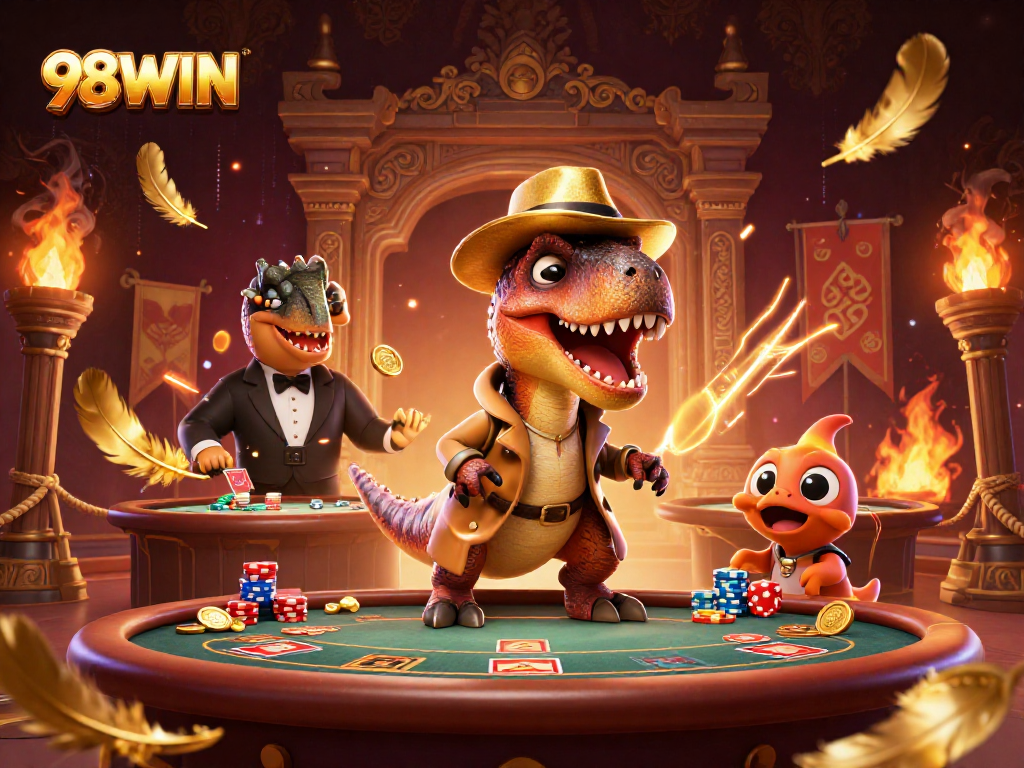 Experience thrilling blackjack at 98WIN with a velociraptor card counter and vibrant casino atmosphere.