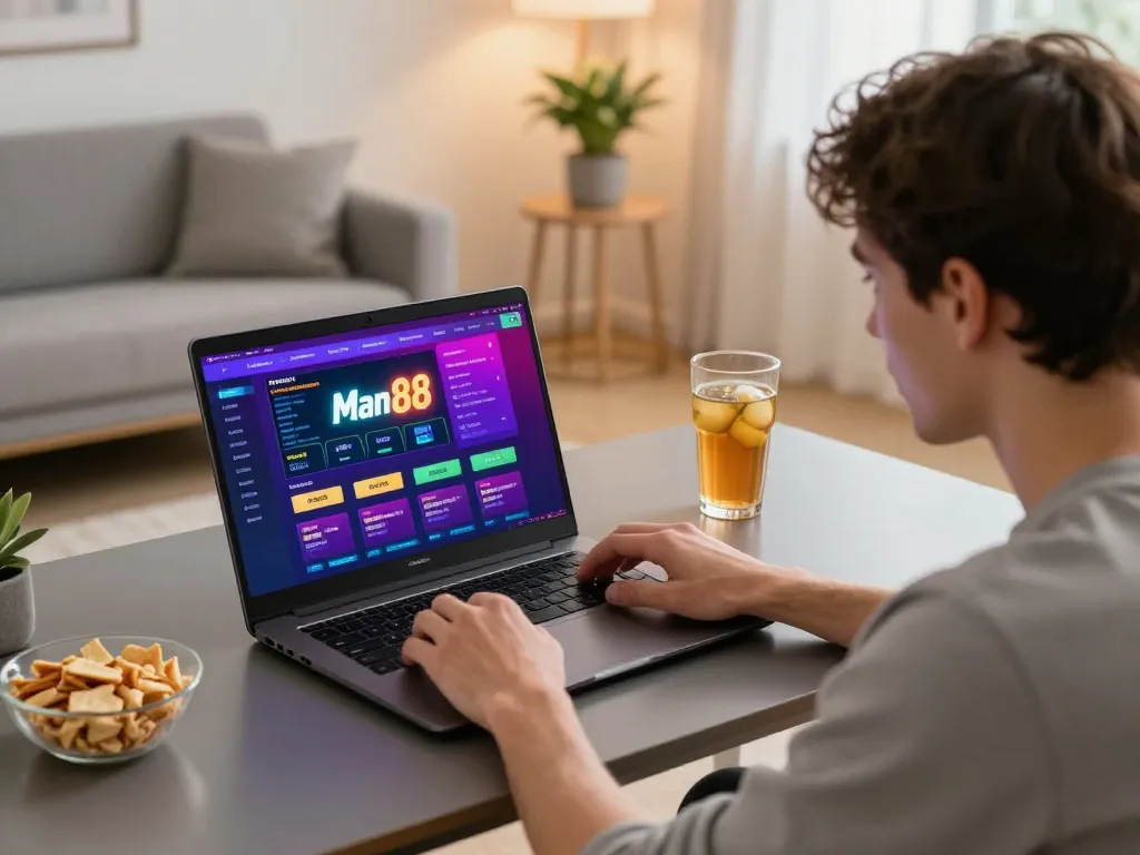 Experience thrilling online betting at Man 88 with a cozy home gaming setup.