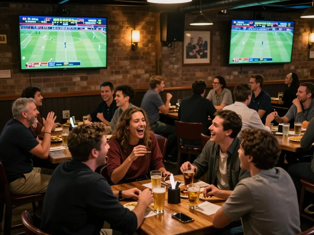 Tỷ lệ kèo nhà cái 5 displayed on screens in lively sports bar during game night.