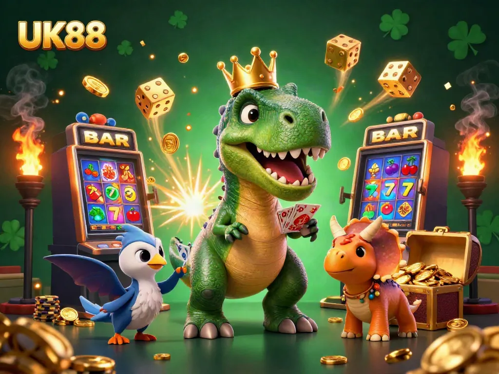 Experience the excitement of UK88 with vibrant gaming elements and friendly dinosaur characters.