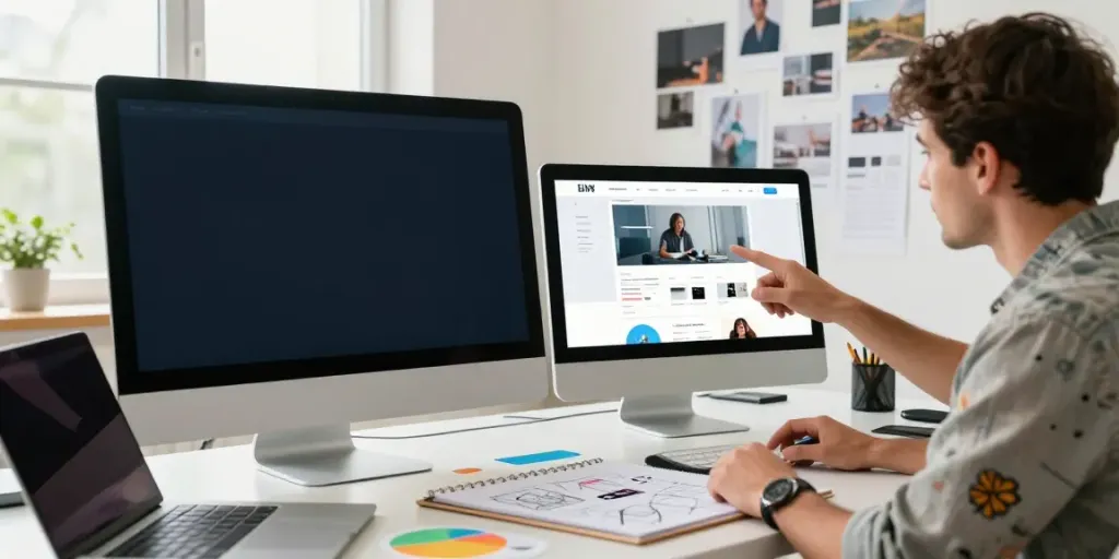 Webdesign Saarland: Designer präsentiert Website-Entwurf in modernem Arbeitsumfeld.