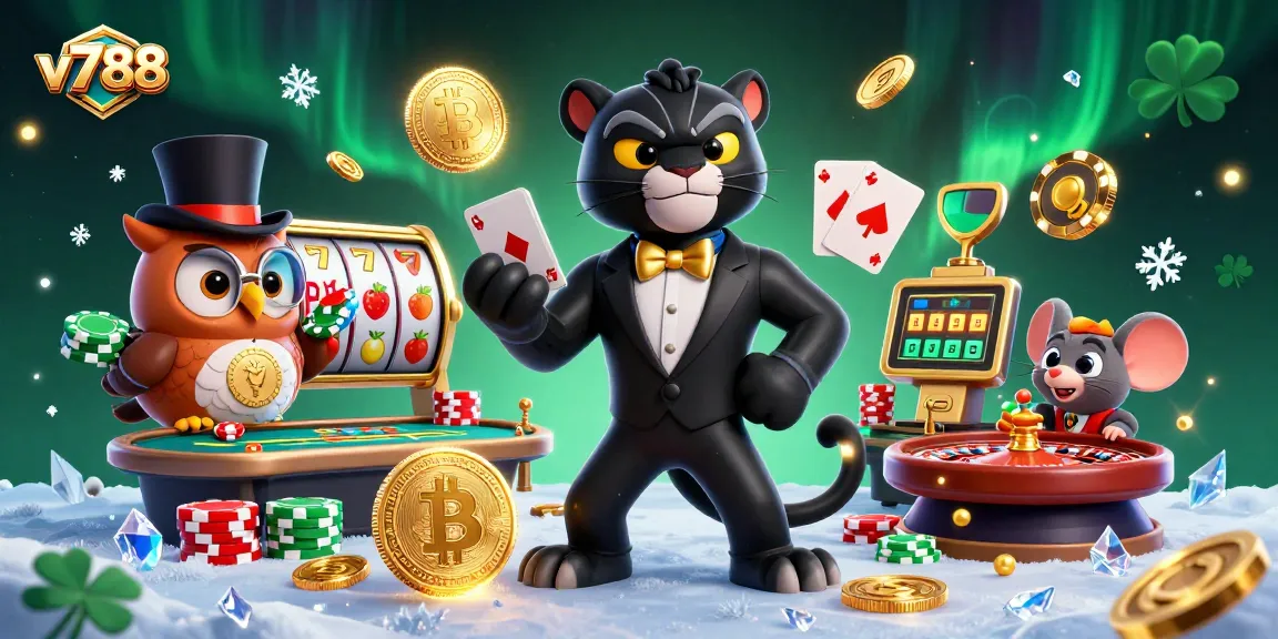 Experience the thrilling casino world with v788, where a stylish panther deals cards amidst vibrant slot reels